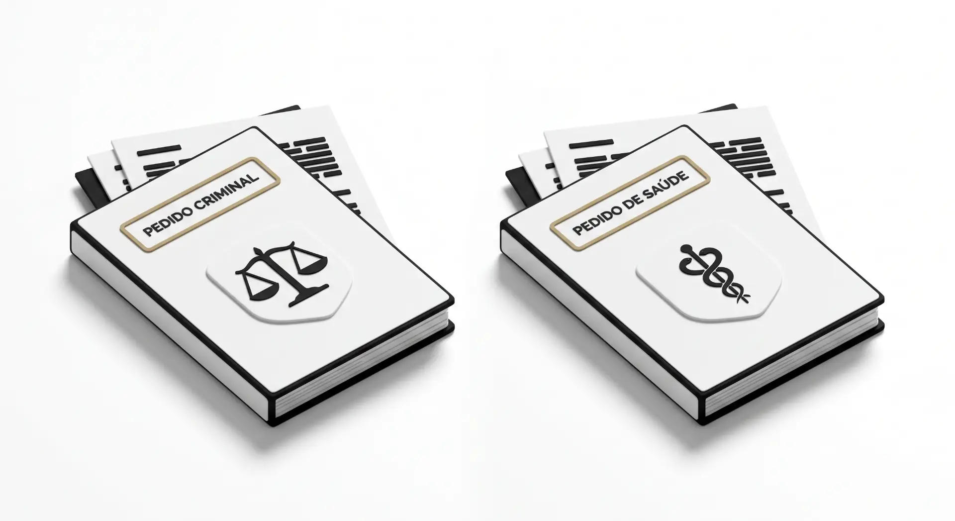 Dois ícones em cartões 3D: um com o rótulo "PEDIDO CRIMINAL" e outro com "PEDIDO DE SAÚDE", ambos sobre fundo branco, com ilustrações gráficas internas.