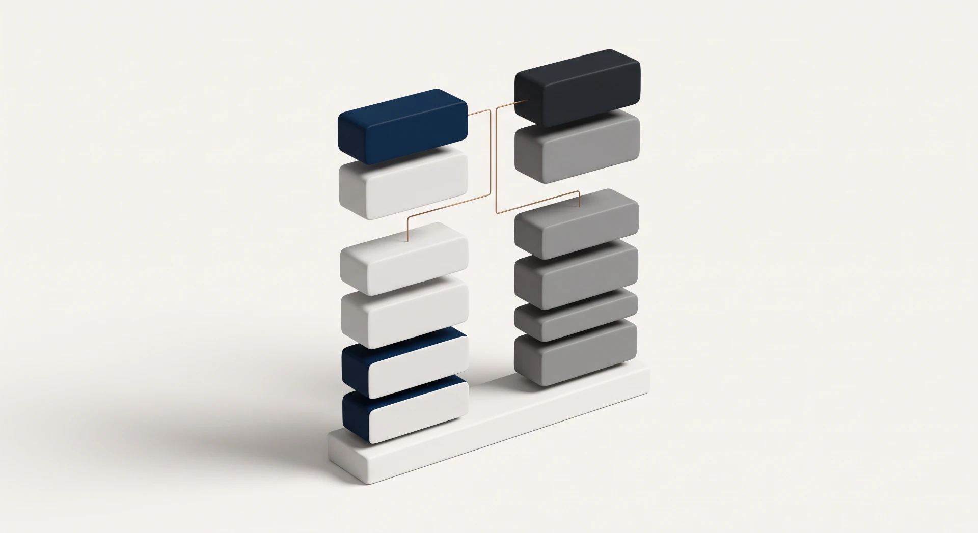 Ilustração 3D com blocos geométricos em tons azul, cinza e branco formando um caminho e uma estrutura em degraus, em fundo claro, com aspecto de organização e hierarquia visual.